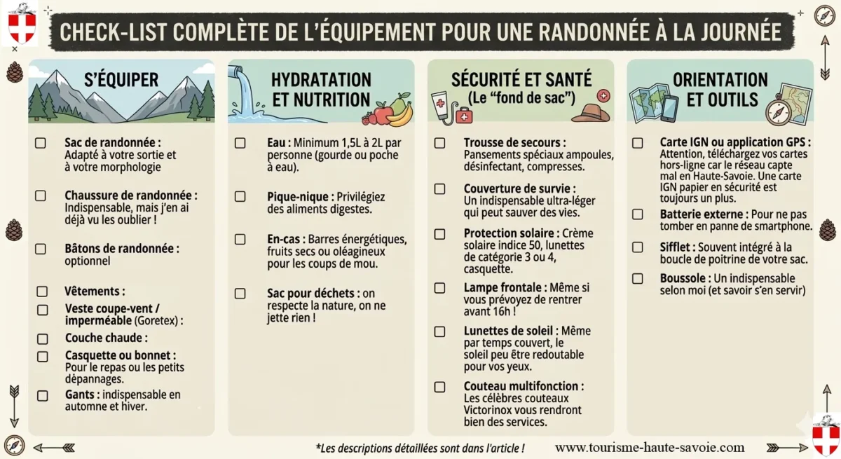 Check-list complète de l'équipement pour une randonnée à la journée