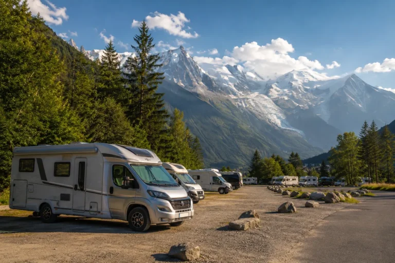 Aire de camping-car face aux sommets enneigés
