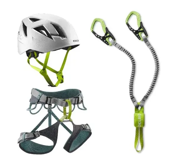 Kit matériel via ferrata : baudrier ajustable, longe élastique et casque