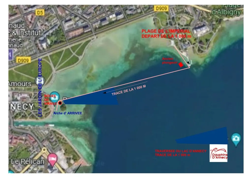 parcours de la traversée à la nage du lac d'annecy. course 1000m